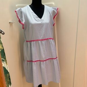 ANDREE BY UNIT Blue and White Striped Tiered Babydoll Dress with Pink Trim